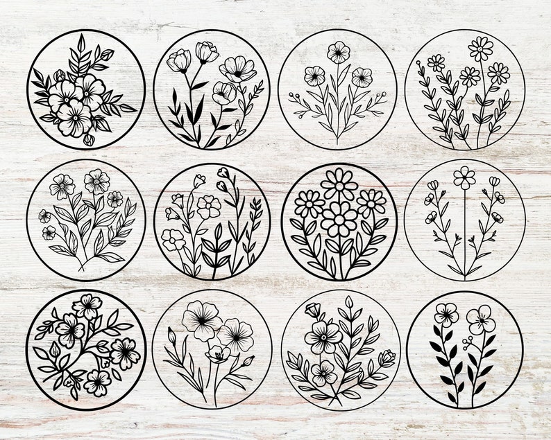 May include: Twelve black and white illustrations of different floral designs, each enclosed in a circle. The designs feature various types of flowers and leaves, creating a simple and elegant aesthetic.