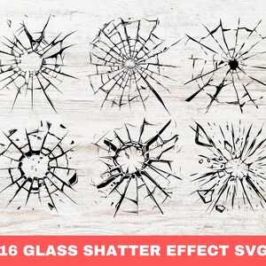 May include: Six different black and white illustrations of broken glass. Each illustration shows a different pattern of cracks and shards radiating from a central point.