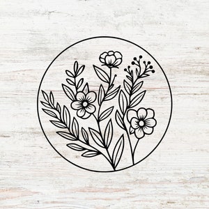 May include: Black and white line art illustration of a floral bouquet with three flowers and leaves inside a circle.