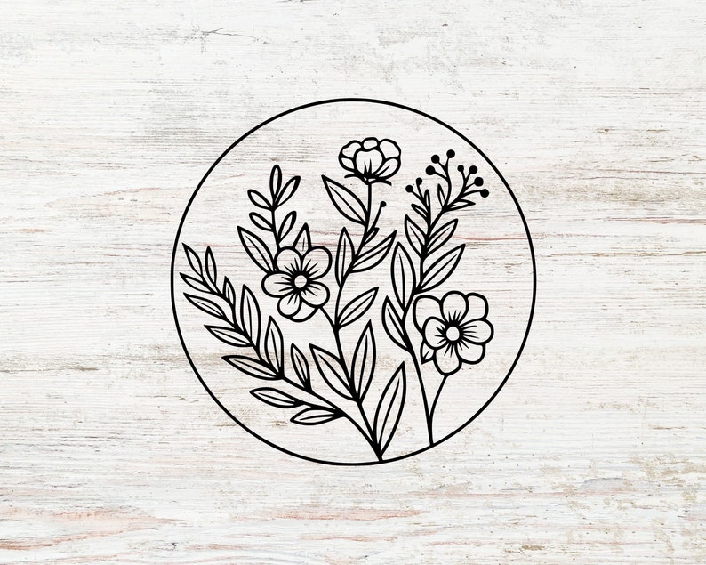 May include: Black and white line art illustration of a floral bouquet with three flowers and leaves inside a circle.