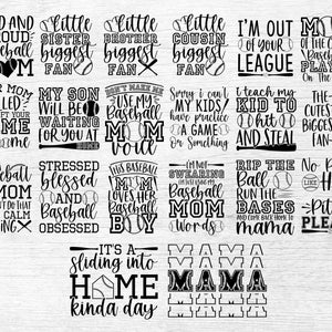 Peut inclure: Une collection de 16 designs SVG sur le th&egrave;me du baseball en noir et blanc. Les designs pr&eacute;sentent diverses phrases et dictons li&eacute;s au baseball, tels que "Loud and Proud Baseball Mom", "I'm Out of Your League", "This Baseball Mom Loves Her Baseball Boy", et "It's a Sliding into Home Kinda Day".