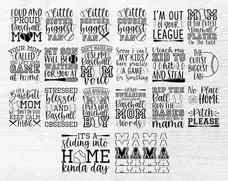 Peut inclure: Une collection de 16 designs SVG sur le th&egrave;me du baseball en noir et blanc. Les designs pr&eacute;sentent diverses phrases et dictons li&eacute;s au baseball, tels que "Loud and Proud Baseball Mom", "I'm Out of Your League", "This Baseball Mom Loves Her Baseball Boy", et "It's a Sliding into Home Kinda Day".
