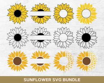May include: A set of 10 sunflower SVG files for crafting and design projects. The designs include solid sunflowers, split sunflowers with a blank space for text, and sunflowers with butterfly accents.