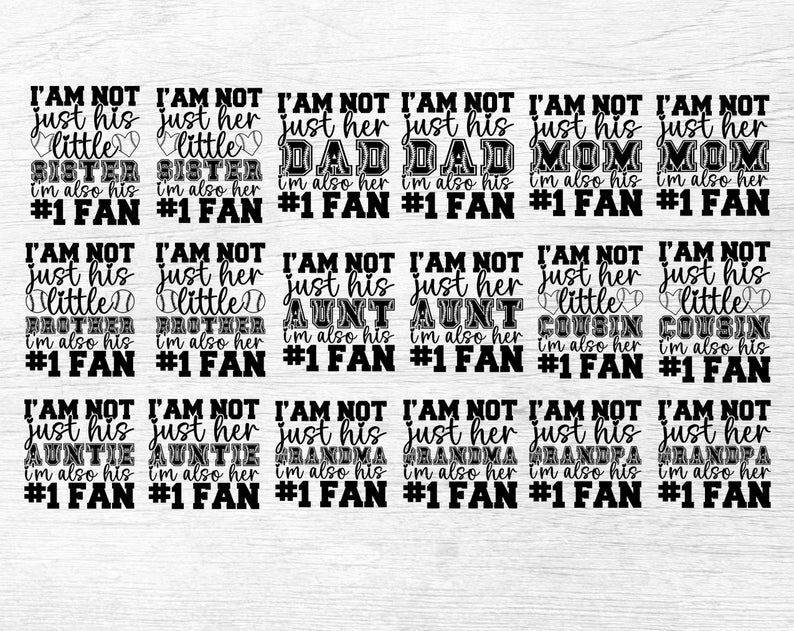 Peut inclure: Ensemble de 12 designs SVG sur le th&egrave;me du baseball en noir et blanc. Chaque design pr&eacute;sente une relation diff&eacute;rente entre les membres de la famille, comme "Je ne suis pas seulement sa petite s&oelig;ur, je suis aussi son fan n&deg; 1".