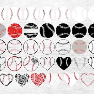 Peut inclure: Un ensemble de 30 fichiers de d&eacute;coupe SVG sur le th&egrave;me du baseball. Les motifs comprennent des balles de baseball, des c&oelig;urs et une vari&eacute;t&eacute; de motifs de couture. Les motifs sont en noir, blanc, rouge et gris.