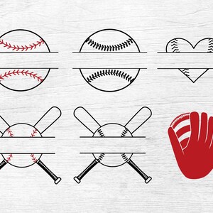 Peut inclure: Un ensemble de six designs de monogramme divis&eacute;s sur le th&egrave;me du baseball. Les designs comprennent un ballon de baseball, un c&oelig;ur et deux battes de baseball crois&eacute;es avec un ballon de baseball au centre. Les designs sont noirs et rouges.