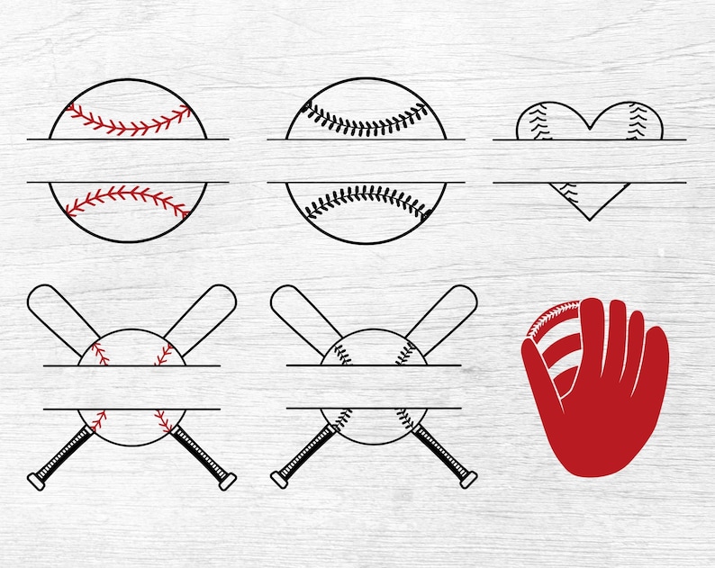Peut inclure: Un ensemble de six designs de monogramme divis&eacute;s sur le th&egrave;me du baseball. Les designs comprennent un ballon de baseball, un c&oelig;ur et deux battes de baseball crois&eacute;es avec un ballon de baseball au centre. Les designs sont noirs et rouges.