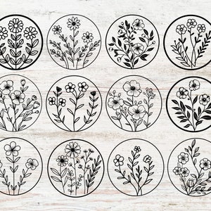 May include: Twelve black and white illustrations of floral bouquets in circular frames. Each bouquet features a different arrangement of flowers and leaves.