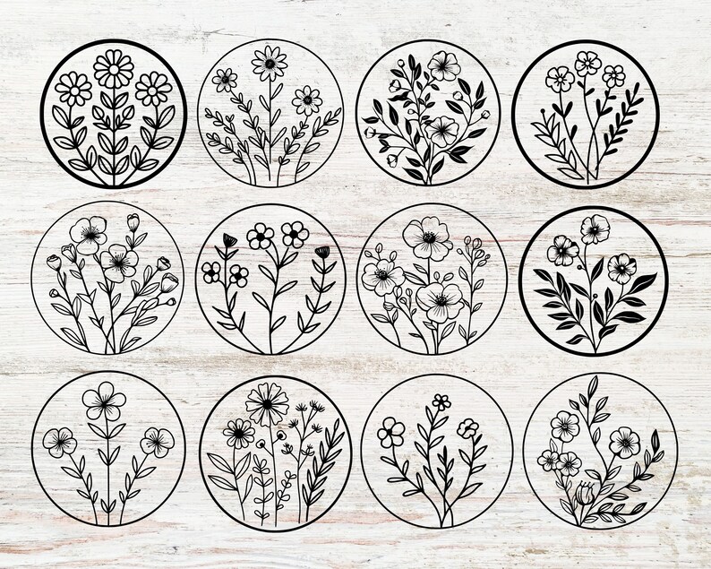 May include: Twelve black and white illustrations of floral bouquets in circular frames. Each bouquet features a different arrangement of flowers and leaves.