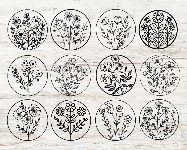 May include: Twelve black and white illustrations of different floral designs. Each design is enclosed in a circle and features various types of flowers and leaves.