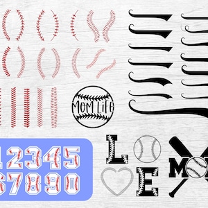 Peut inclure: Une feuille de conception num&eacute;rique avec des graphismes sur le th&egrave;me du baseball. La feuille comprend une vari&eacute;t&eacute; de points de suture de baseball, de chiffres et de mots comme "MOM LIFE" et "LOVE".