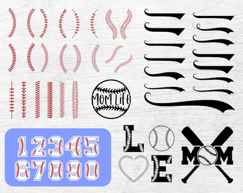 Peut inclure: Une feuille de conception num&eacute;rique avec des graphismes sur le th&egrave;me du baseball. La feuille comprend une vari&eacute;t&eacute; de points de suture de baseball, de chiffres et de mots comme "MOM LIFE" et "LOVE".