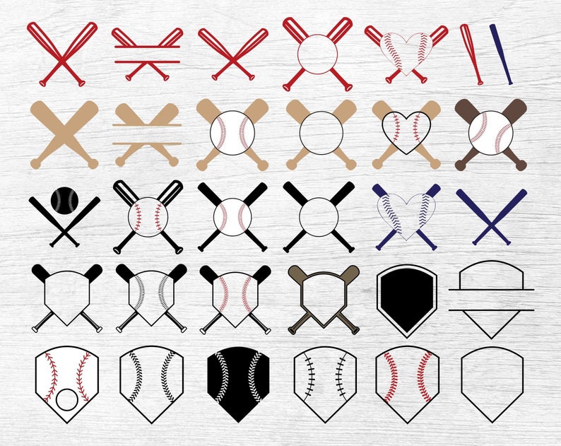 Peut inclure: Un ensemble de 30 fichiers de d&eacute;coupe SVG sur le th&egrave;me du baseball. Les motifs comprennent des battes de baseball, des balles et diverses formes comme des cercles, des c&oelig;urs et des boucliers. Certains motifs pr&eacute;sentent des d&eacute;tails de couture.