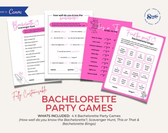 May include: Four printable bachelorette party games: How well do you know the bachelorette?, Scavenger Hunt, This or That, and Bachelorette Bingo. The games are pink with black text and illustrations.