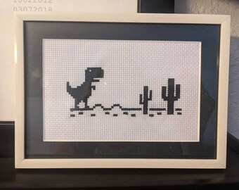 Google Dino Game Cross Stitch (finished product - framed)