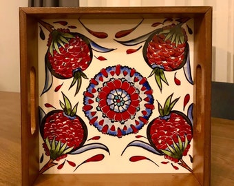 Exclusive Ceramic Tray Turkish Iznik Design Hand Painted Pattern-style Art Ceramic|Coffee Table Wooden Tray|Home Decor| decorative trays