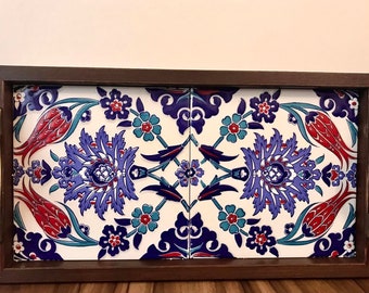 Large Ceramic Thick Wooden Tray Turkish Iznik Handmade Design Pattern -Ottoman style Art Ceramic | Coffee Table Tray  |Boho Home Decor