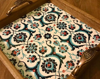 Ceramic Wooden Tray Turkish Iznik Design Pattern -Ottoman style Art Ceramic | Coffee Table Tray Wooden Tray Hand Painted |Home Decor