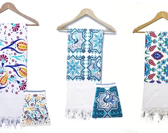 Traditional Turkish Iznik Design Pattern Inspired %100 Cotton Floral Peshtemal Towel + Matching bag & Exfoliating Mitt|Spa Towel,Beach Towel