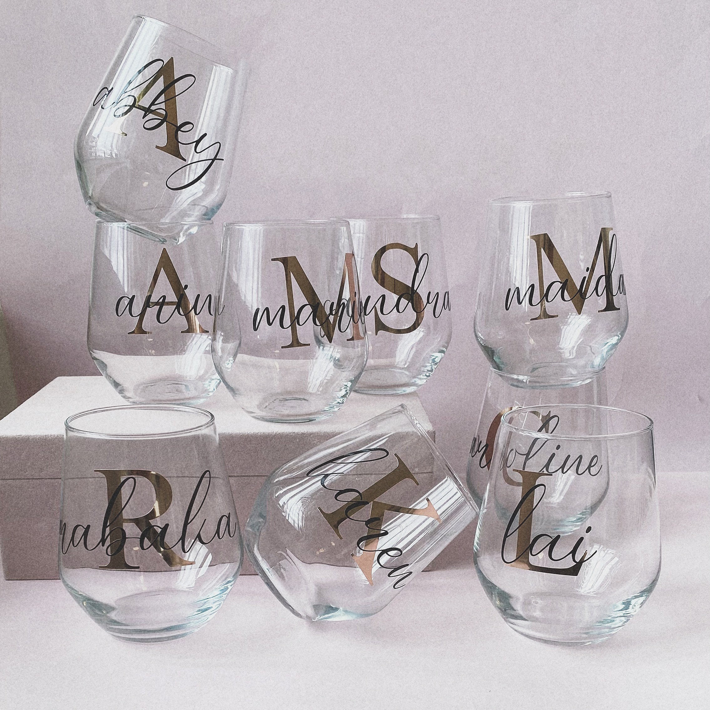Personalised Stemless Wine Glass Rose Gold Foil Silver Etsy Australia