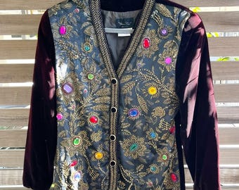 DIANE FREIS Vintage Burgundy Velvet Jacket with Beading and Embellishments