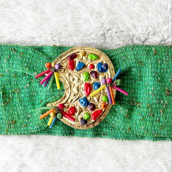 BORBONESE Vintage 1980s Green Stretchy Beaded Belt With Gold  display picture 1