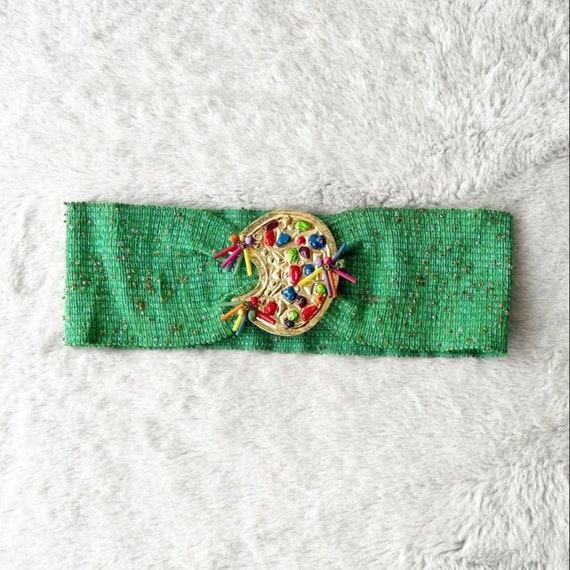 BORBONESE Vintage 1980s Green Stretchy Beaded Belt With Gold  display picture 2