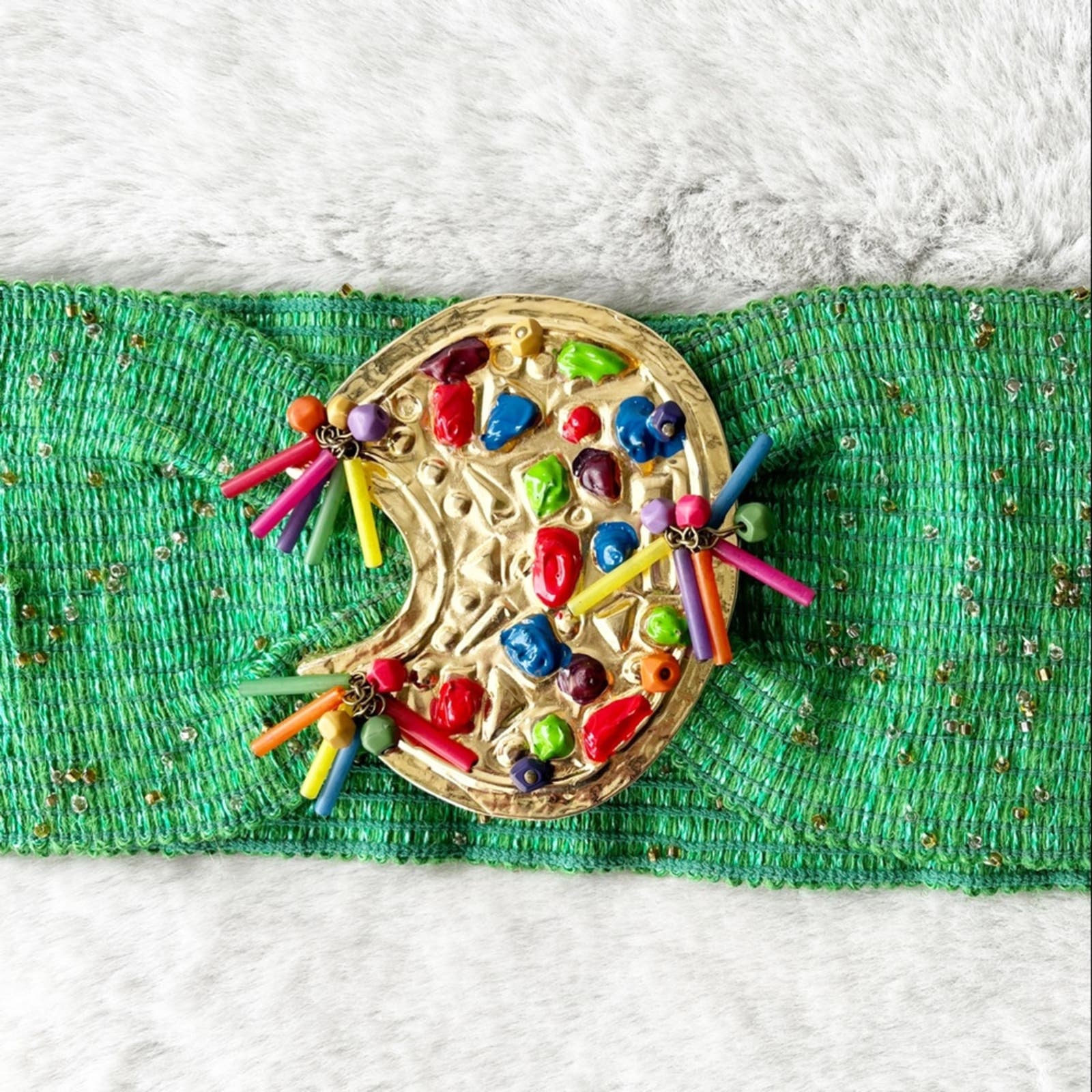 BORBONESE Vintage 1980s Green Stretchy Beaded Belt with Gold Tone Clasp BORBONESE Vintage 1980s Green Stretchy Beaded Belt With Gold  main image 3