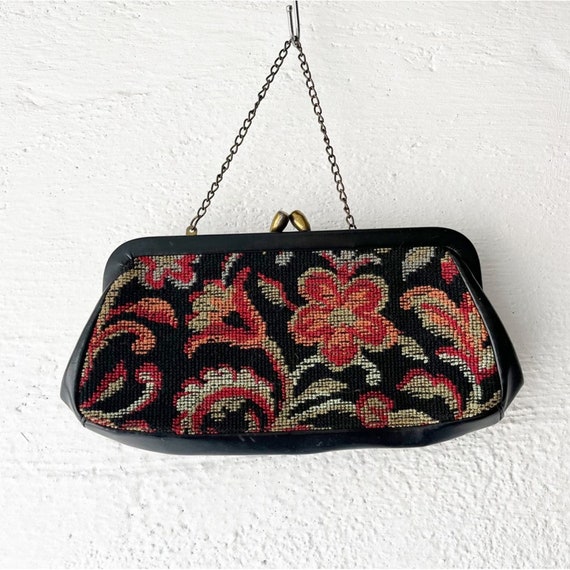 VINTAGE 1960's Small Black purse with Needlepoint… - image 3