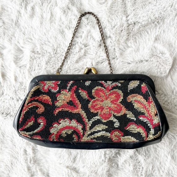 VINTAGE 1960's Small Black purse with Needlepoint… - image 1