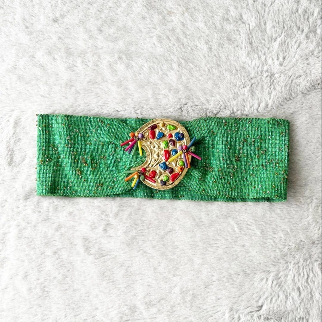 BORBONESE Vintage 1980s Green Stretchy Beaded Belt with Gold Tone Clasp BORBONESE Vintage 1980s Green Stretchy Beaded Belt With Gold  main image 4