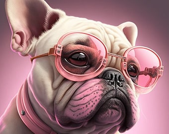 French Bulldog with Pink Glasses funny poster | GTA Style | Digital Download | Wall Art | Home Decor | artwork | printable