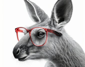 Poster Drawing in Schwarz-Weiß-Känguru mit roter Brille Büroeinrichtung | Digitaler Download | Wandkunst | Wohnkultur | Kunstwerk | druckbar