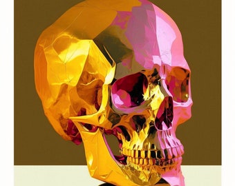 Poster Golden-Pink-Yellow Human Skull gothic art | Digital Download | Wall Art | Home Decor | Artwork