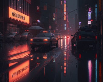 Witness the Magic of a Rainy Neon New York | Digital Download| Wall Art | Home Decor | Artwork