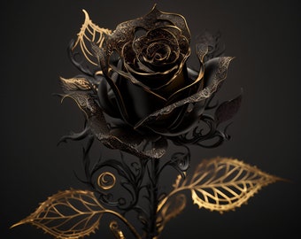 Golden Beautiful Vantablack Rose mit filigranen und goldenen Tropfen | Digitaler Download| Wandkunst | Wohnkultur | Kunstwerk