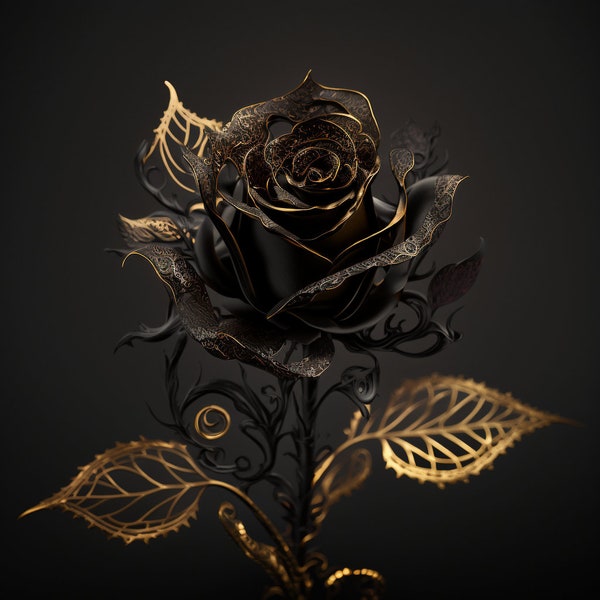 Golden Beautiful Vantablack Rose with Filigree and Golden Drops | Digital Download| Wall Art | Home Decor | Artwork