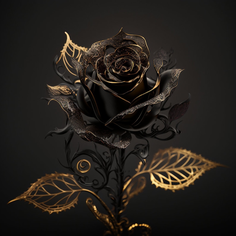 Golden Beautiful Vantablack Rose with Filigree and Golden Drops Digital Download Wall Art Home Decor Artwork image 1