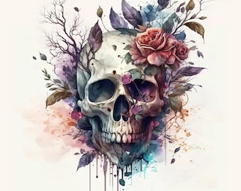 Poster Skull with flower in Watercolor roses blue white gotic| Digital Download | Wall Art | Home Decor | artwork | printable