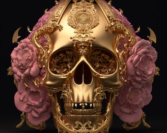 Poster Pink Gold Skull roses flower Digital Art Printable gothic art| Alexander McQueen | Digital Download | Wall Art | Home Decor | Artwork