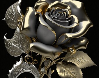 Luxurious Roses with a Gothic Flare: Gold and Silver poster gothic art | Digital Download | Wall Art | Home Decor | Artwork