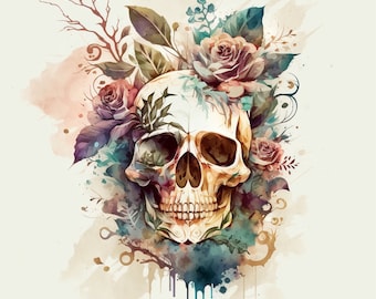 Poster skull with Roses in Watercolor mancave blue pink| Digital Download | Wall Art | Home Decor | artwork | printable