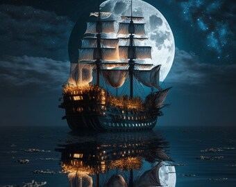 Celestial Voyage: A Moonlight Cruise Across the Sea | Digital Download| Wall Art | Home Decor | Artwork