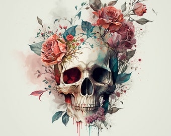 Skull with Roses gothic tatoo mancave decor flower pink white | Digital Download | Wall Art | Home Decor | artwork | printable