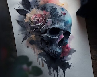 Poster Skull Side View Tattoo Design gothic art with flower | Digital Download | Wall Art | Home Decor | artwork | printable