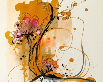 Poster abstract art John Olsen like Painting  orange yellow affiche | Digital Download| Wall Art | Home Decor | Artwork