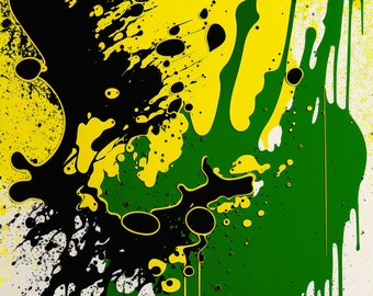 Poster abstrakte Kunst: Ein von Jackson Pollock inspiriertes Drip Painting grün gelb schwarz | Wandkunst | Wohnkultur | Kunstwerk | druckbar
