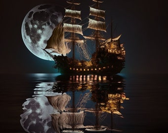 Dark poster A Pirate Ship Under the moon mancave decor gothic art poster black | Digital Download | Wall Art | Home Decor | Artwork