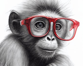 Poster Drawing in Black and white monkey with red glasses ape | Digital Download| Wall Art | Home Decor | Artwork | Printable