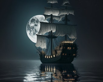 Dark poster A Pirate Ship Under the moon mancave decor gothic art | Digital Download | Wall Art | Home Decor | Artwork